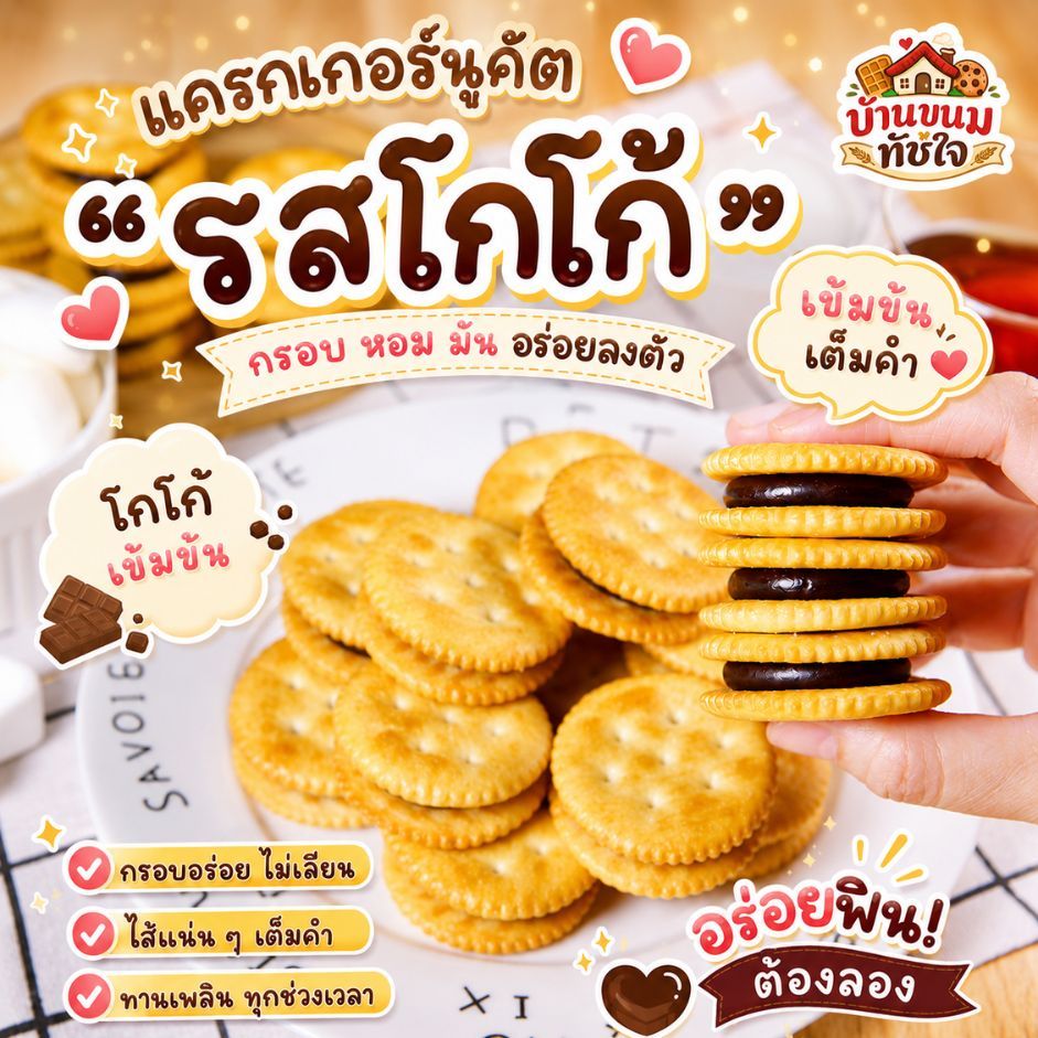 [ผลิตสดใหม่] บ้านขนมทัชใจ แครกเกอร์นูกัต รสโกโก้ครีมชีส กรอบอร่อยไส้ยืด