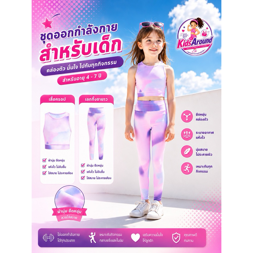 🇹🇭พร้อมส่ง🇹🇭 ชุดออกกำลังกายเด็ก ชุดโยคะ สำหรับอายุ 4-7 ปี เนื้อผ้าอย่างดี ระบายอากาศไม่ร้อน