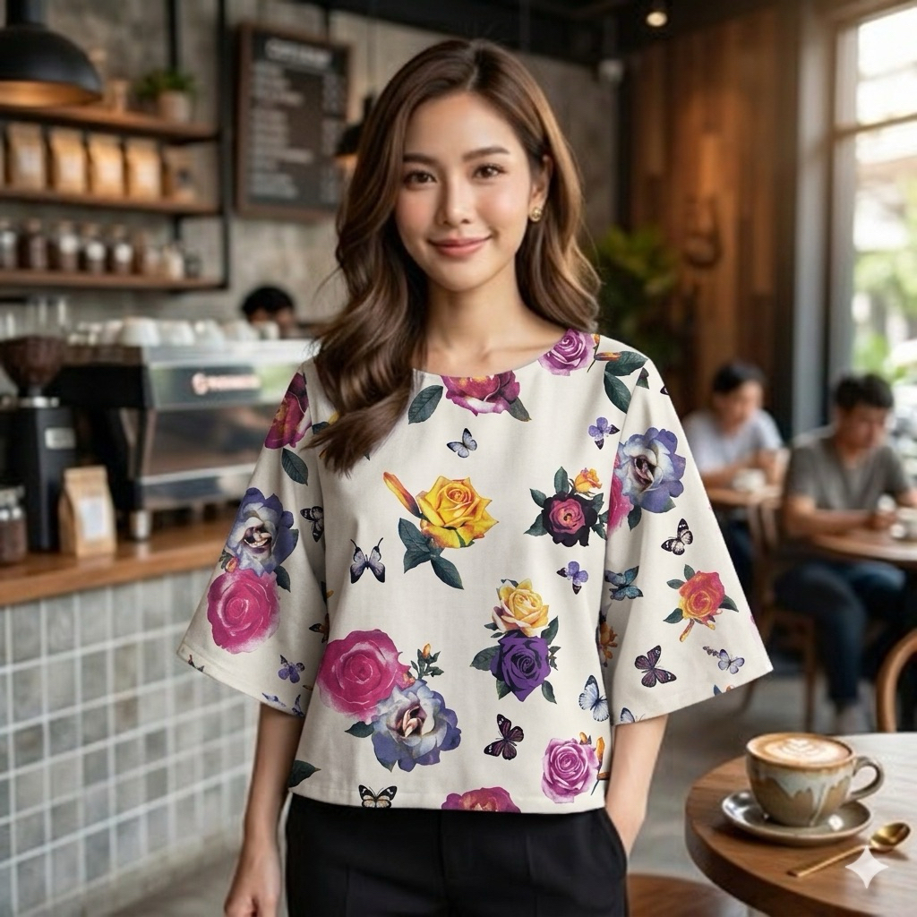 เสื้อผ้าผ้าฝ้ายพิมพ์ลายหลากสีแขน5ส่วน