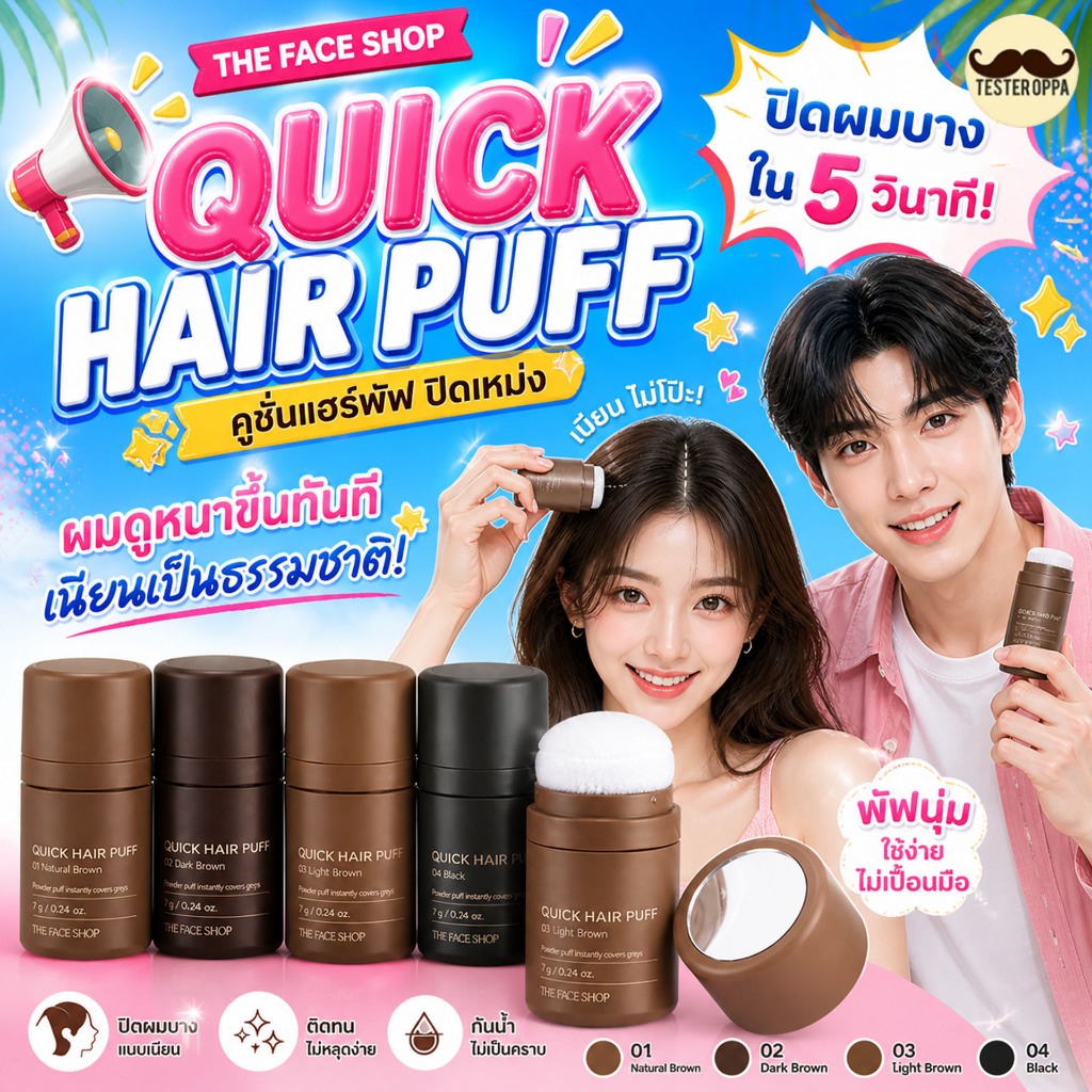 THE FACE SHOP QUICK HAIR PUFF 7g. — แป้งฝุ่นปิดเหม่ง ปิดผมบาง เติมแนวผมให้ดูหนาเป็นธรรมชาติ