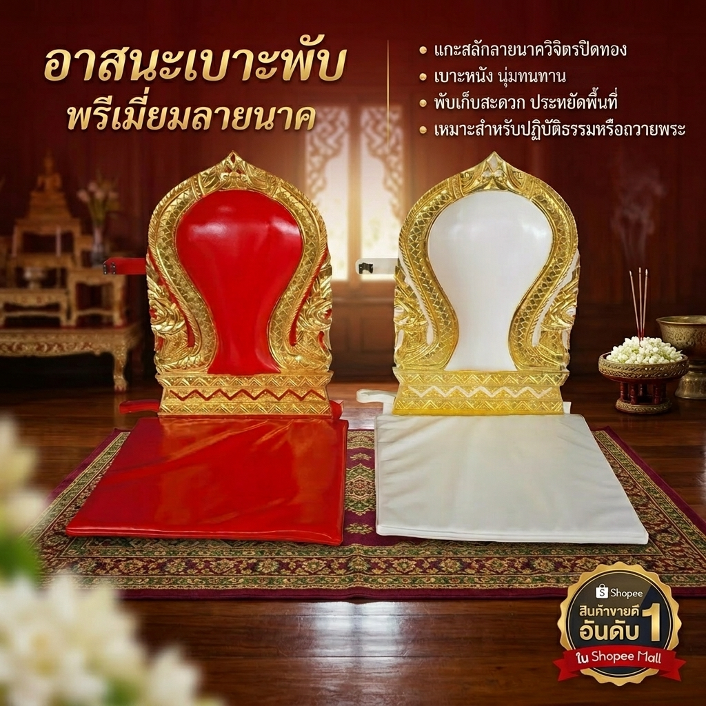 อาสนะพระพับเก็บได้ | อาสนะเหล็กหุ้มเบาะ | อาสนะพญานาคพนักพิงไม้ปิดทอง I ไม้เบญจพรรณ สำหรับใช้งานจริง