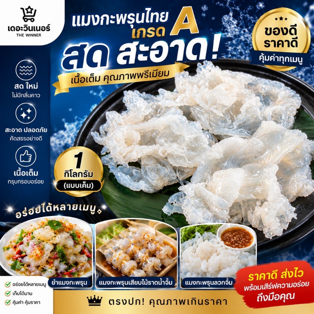 แมงกะพรุนไทยเกรดA สด สะอาด (แบบเค็ม) เนื้อเต็ม 1 กิโลกรัม ราคาดี ตรงปก