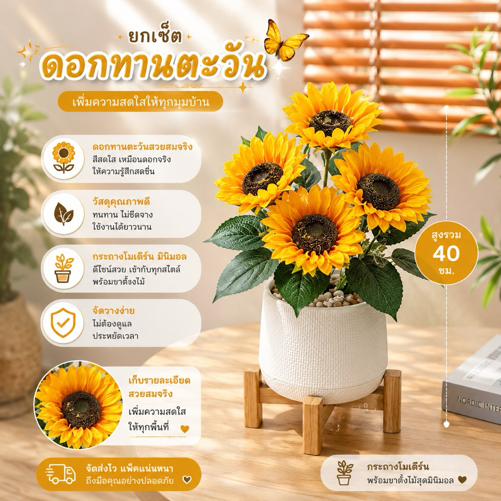 🌻 ต้นทานตะวัน ต้นไม้มงคลเสมือนจริง สูง 40 ซม. พร้อมกระถางโมเดิร์นขาว+หินโรย ต้นไม้สำหรับตกแต่ง