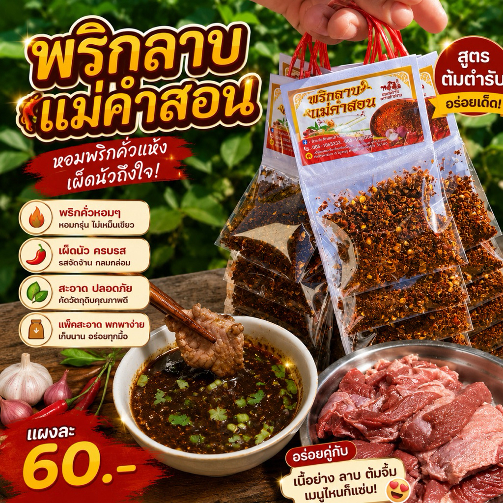 พริกลาบ-น้ำพริกลาบแม่คำสอน-พริกลาบเหนือ-น้ำพริกลาบลำปาง  (1 แผง มี 10 ซอง)