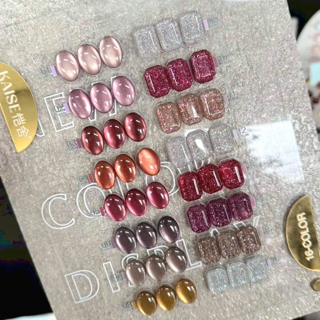 mini set 🇨🇳KAISE 16 Cateye+Flash Glitter สีเล็บเจลจีน 16สี(8ลูกแก้ว+8กลิ๊ตเตอร์) พร้อมชาร์ตสี