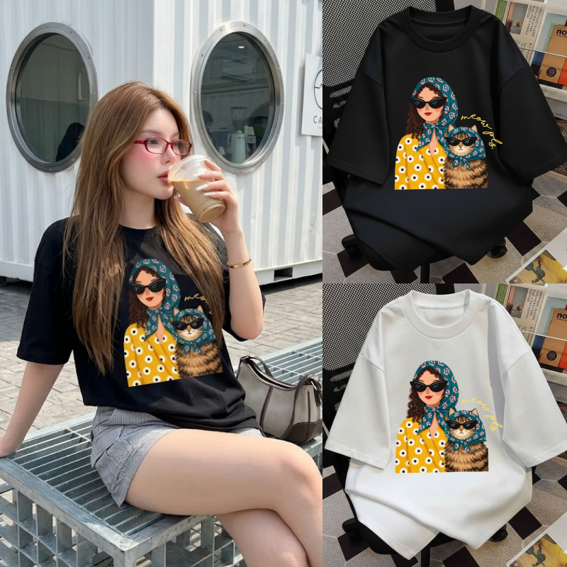 🌈SpinnyHouse🌈เสื้อยืดOVERSIZE พร้อมส่ง สกรีนลายน้องแมว มีไซส์ S-2XL รุ่น OVERSIZE 090