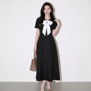 【S-5XL】 เดรสโบว์คอเกาหลี ทรงสวยสุภาพ ใส่ทำงานได้ ออกงานได้ Korean Midi Dress เดรสเกาหลีเรียบหรู