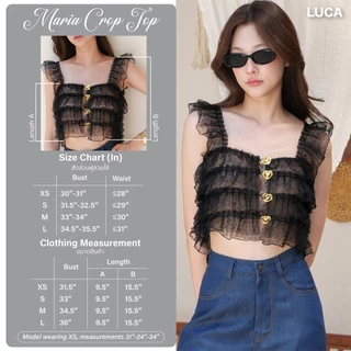 LUCA STUDIO_Black Maria Crop Top - เสื้อผ้าระบายลูกไม้ซีทรูสีดำ แต่งกระดุมหัวใจสีทองด้านหน้า