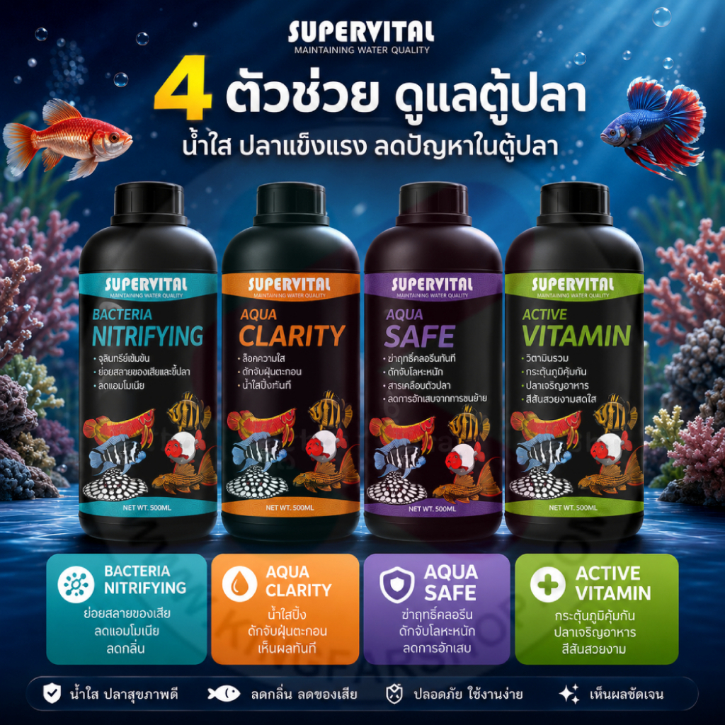 Supervital - ตัวช่วยดูแลตัวปลา น้ำยาปรับสภาพน้ำใส ลดคลอรีน แบคทีเรีย และวิตามินเพิ่มภูมิคุ้มกันสำหรับปลาสวยงามทุกชนิด