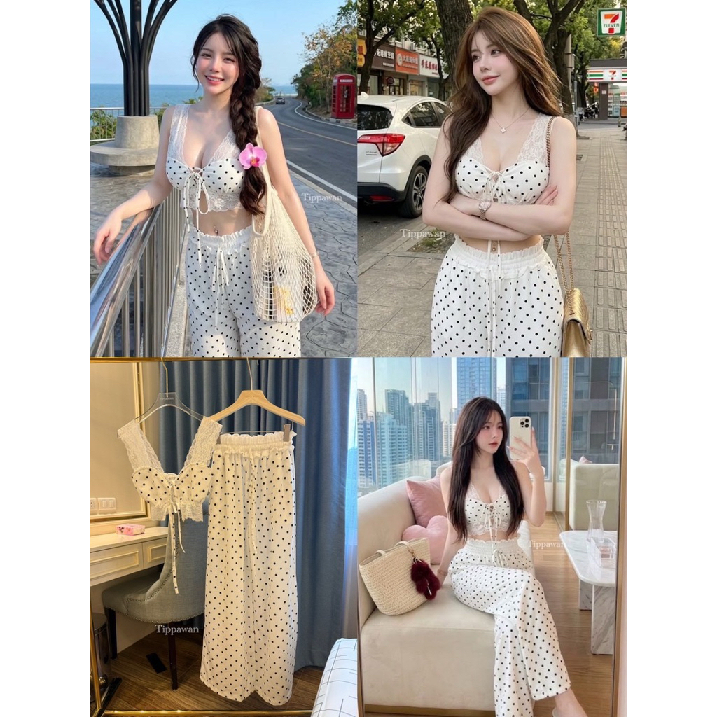 Set ลายจุดน่ารักๆ งาน2ชิ้น แต่งดีเทลสายลูกไม้อย่างดียืดนุ่ม กางเกงขายาว ช่วงขอบเอวมีเลเยอร์