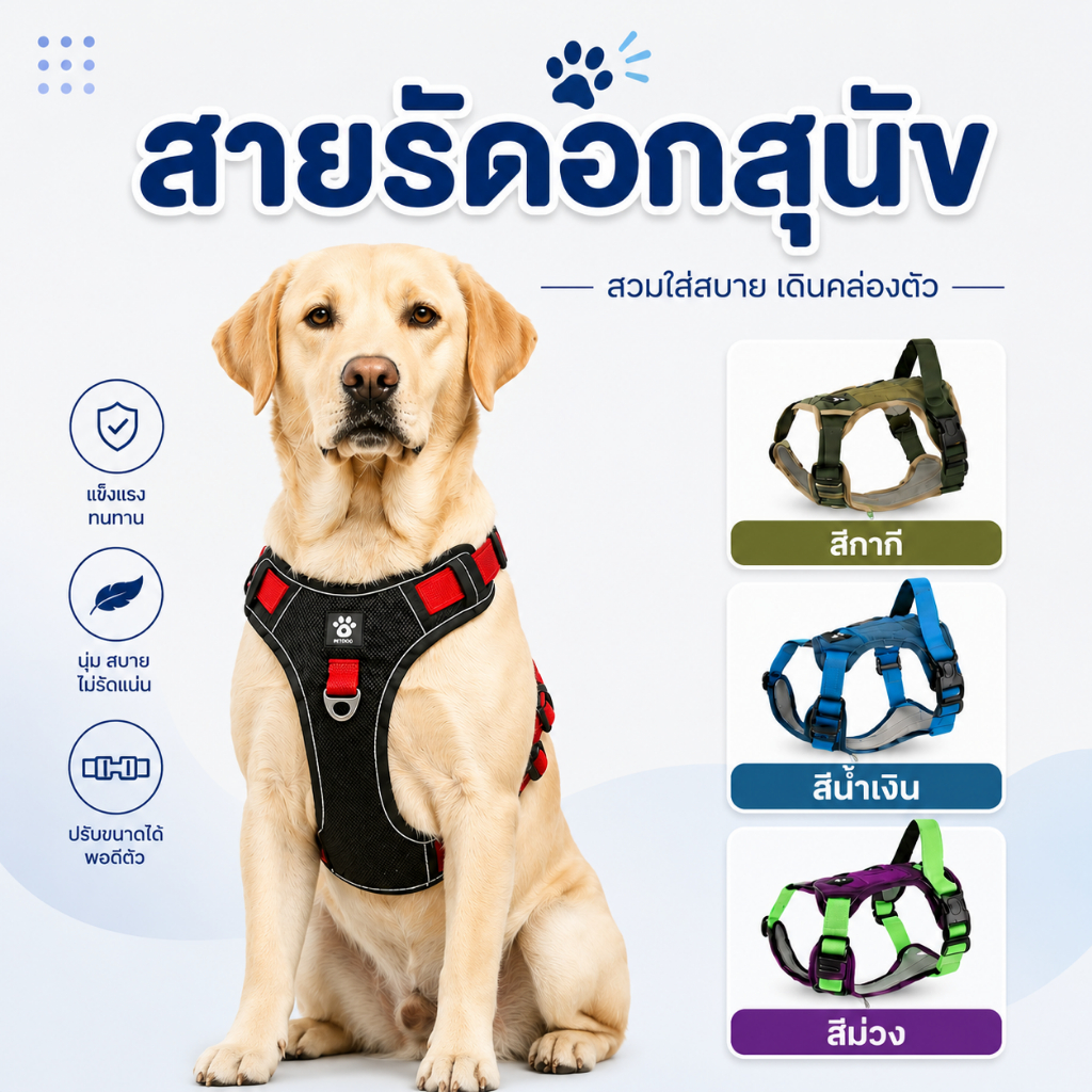 สายรัดอกสุนัขกลาง-ใหญ่ มีแทบสะท้อนแสงกลางคืน