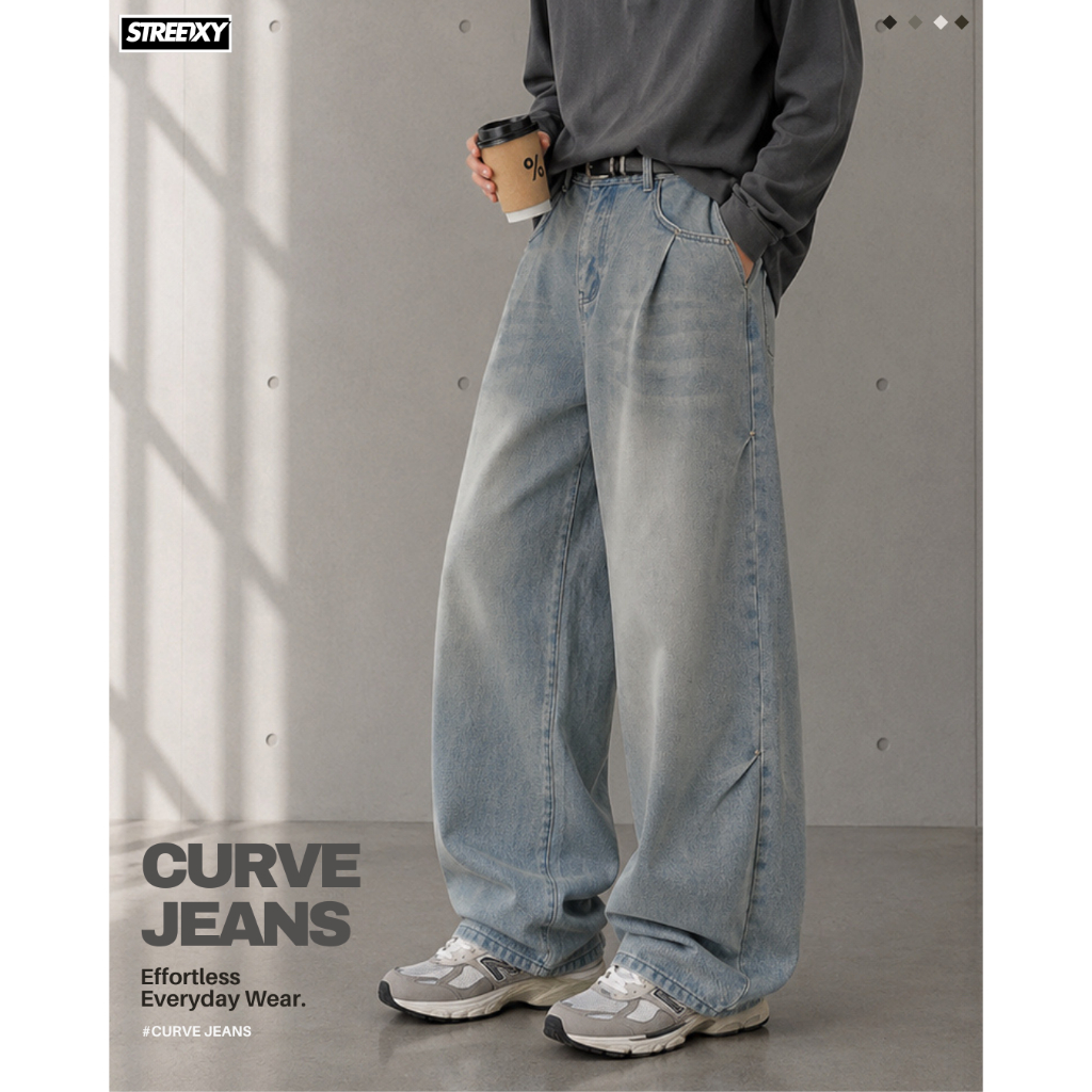 STREETXY - Curve Jeans ยีนส์กระบอกใหญ่ ขากว้าง ทรงBaggy สีฟอก แมชง่าย