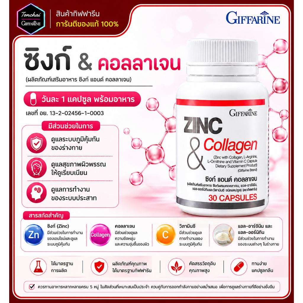 ซิงก์ คอลลาเจน ซิงก์กิฟฟสรีน ซิงค์ สังกะสี แอนด์ คลอลาเจน กิฟฟารีน ZINC COLLAGEN ผิวมัน เป็นสิว