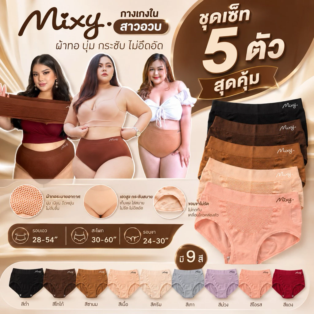 Mixy Aliz ชุด Set 5 ตัว กางเกงในสาวอวบผ้าทอ รอบเอว 28-54" สะโพก 30-60" รอบขา 24-30"