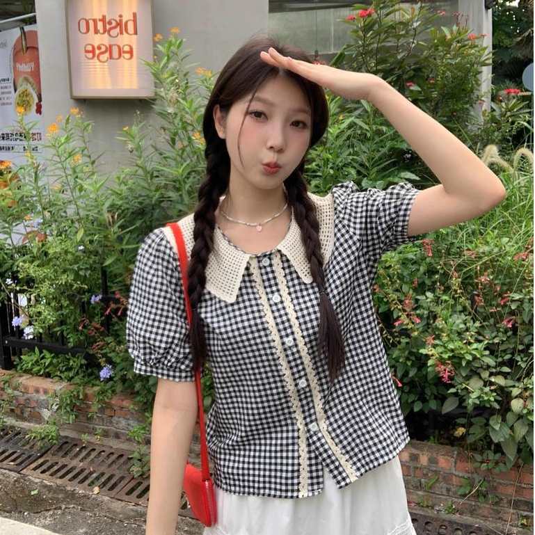 Red Berryเสื้อเชิ้ตคอปกลายสก๊อตผู้หญิง เสื้อเชิ้ตทรงหลวมแขนสั้นทรงเบบี้ดอลล์ลำลองสำหรับฤดูร้อนW678