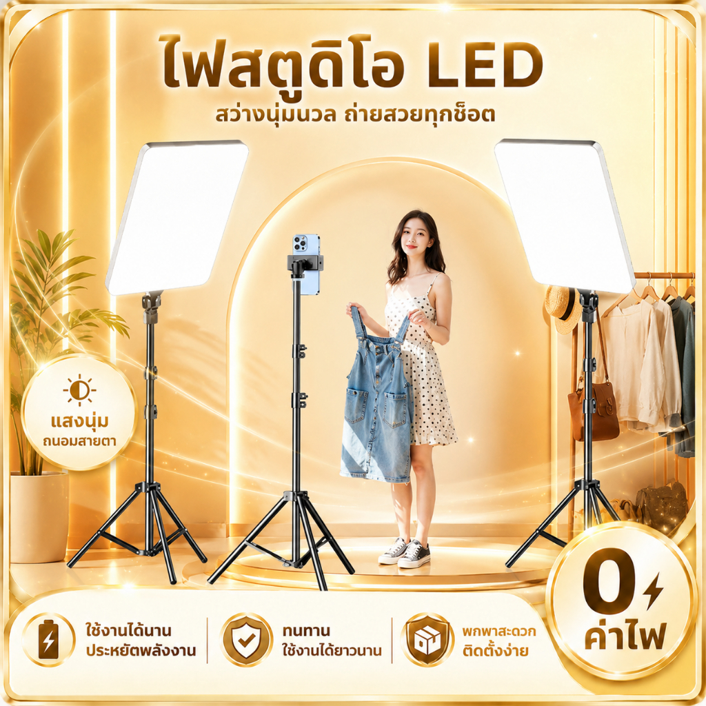 11 นิ้ว แผงไฟ LED ไฟสตูดิโอ โคมไฟเสริม ไฟถ่ายภาพ ไฟสตรีมสด ปรับได้ 3 สี พร้อมขาตั้ง