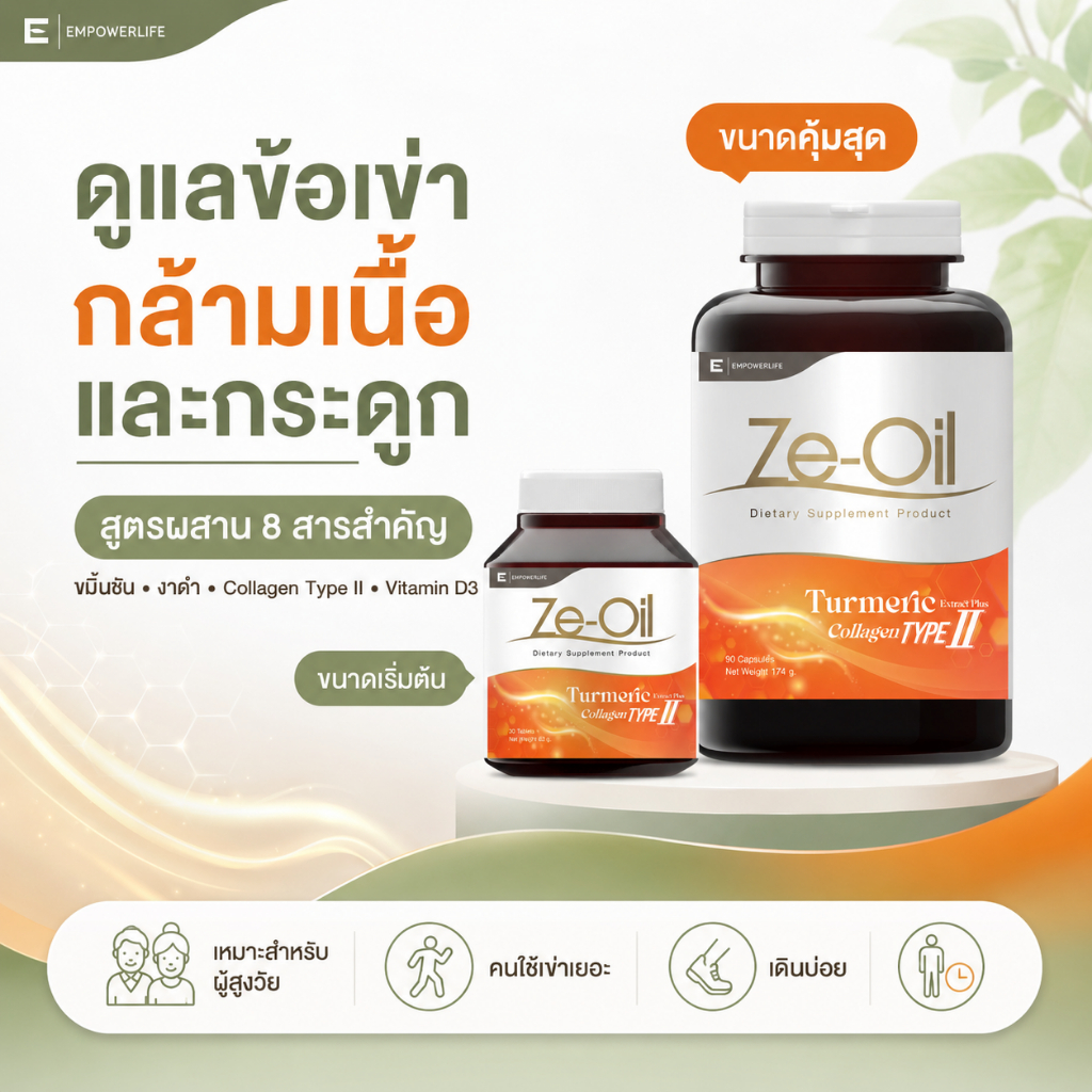 ZE-OIL TURMERIC ดูแลข้อเข่า กล้ามเนื้อ กระดูก สูตรขมิ้นชัน งาดำ Collagen Type II สำหรับผู้สูงวัย