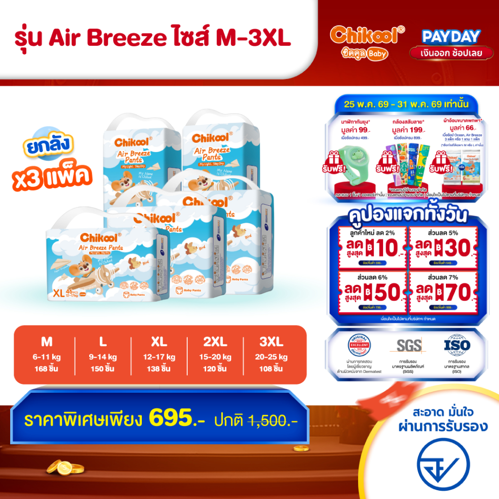[ขายยกลัง x3 แพ็ค] Chikool Air Breeze Pants ชิคคูล กางเกงผ้าอ้อมเด็ก แอร์ บรีซ ไซส์ M-3XL