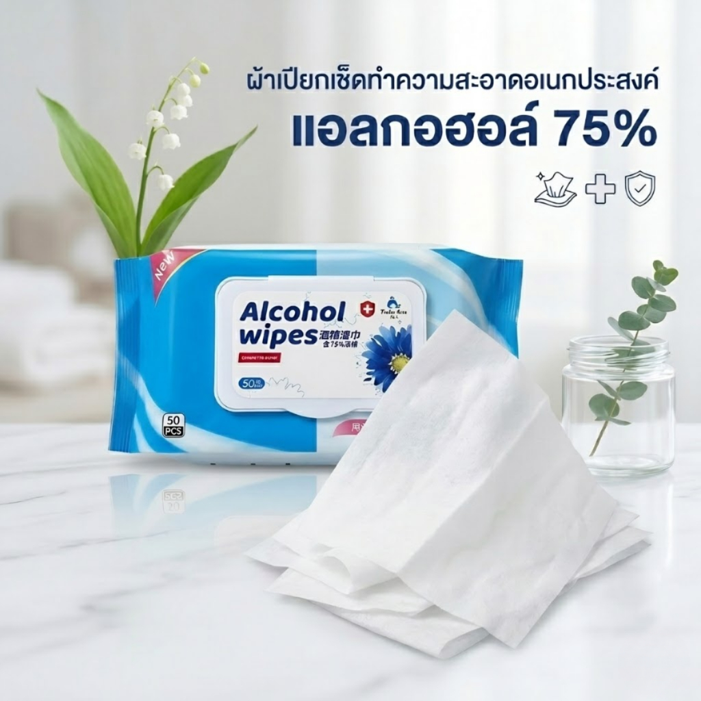 ทิชชู่เปียก แผ่นผ้าหนา  มีที่เปิดฝา ผ้าเช็ดทำความสะอาด ทิชชู่เปียกแอลกอฮอล์ 75 % จำนวน 50 แผ่น
