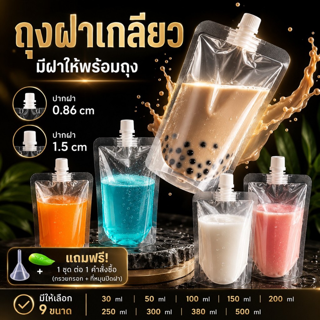 (50 ใบ) รุ่นใส ถุงฝาเกลียว ก้นตั้งได้ ถุงใส่น้ำ ถุงใส่น้ำจิ้ม ใส่เยลลี่ กรวยกรอก + ฝาปิด