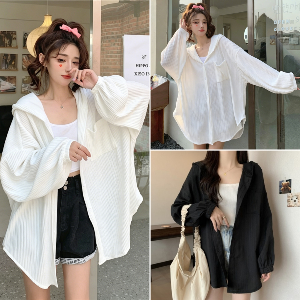 cherryshop พร้อมส่ง เสื้อแจ็คเก็ตแขนยาวมีฮู้ดสไตล์เกาหลีแฟชั่นสำหรับผู้หญิง oversize สีทึบ ด้วยปุ่ม สวมใส่สบาย
