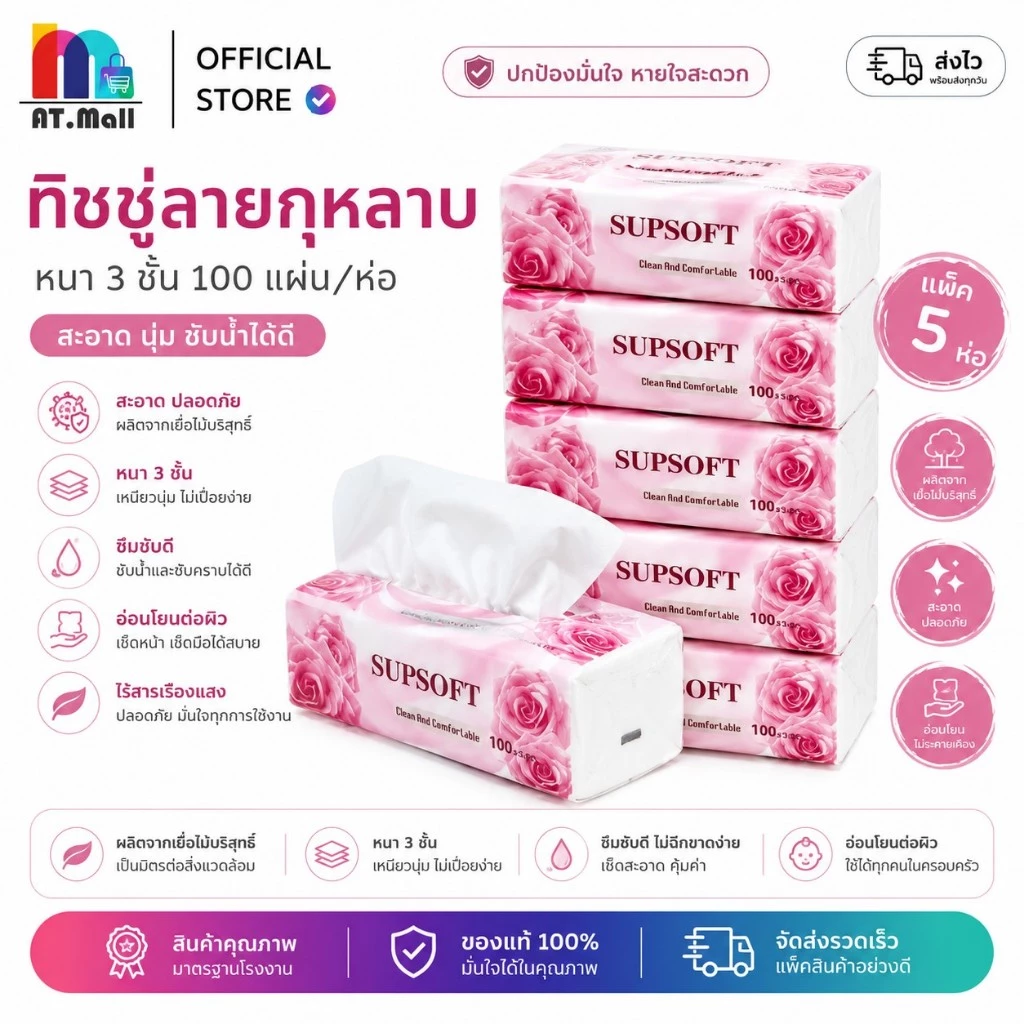 AT.MALL ทิชชู่เช็ดหน้า Tissu | กระดาษอเนกประสงค์ แพ็ค 5 ห่อ | เนื้อนุ่มพิเศษ ไม่เป็นขุย | พร้อมส่ง!