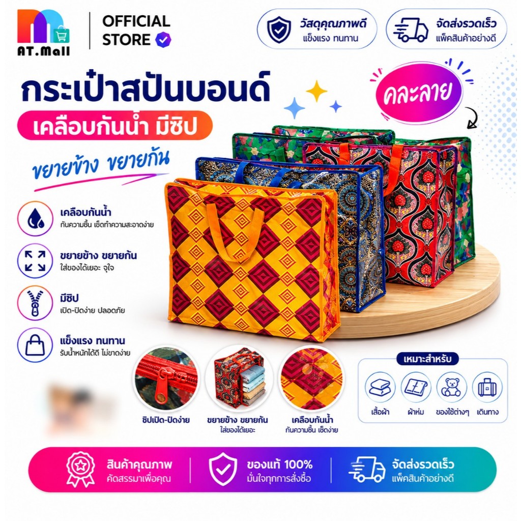 AT.MALL กระเป๋าช้อปปิ้งพับได้ (พกพาสะดวก) | ถุงผ้าลดโลกร้อน | น้ำหนักเบา จุของได้เยอะ