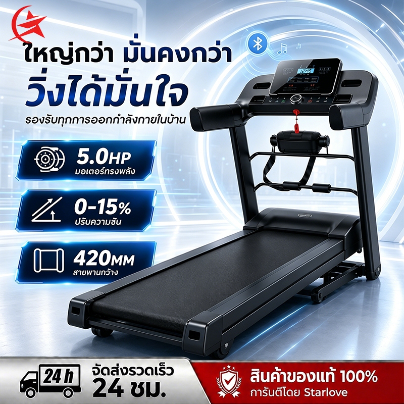 ลู่วิ่งไฟฟ้า JC700 5.0 แรงม้า ลู่วิ่งพับได้ สำหรับใช้ในบ้าน ปรับความเร็ว 1-16 กม./ชม. ปรับความชันได้ เชื่อมต่อ Bluetooth