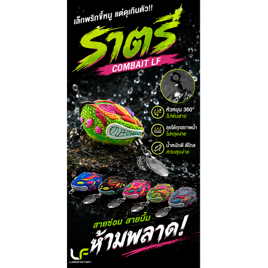 กบยาง ราตรี เบ็ด 1 ตัวเล็กกัดติดง่ายตกปลาช่อน ขนาด 3 cm น้ำหนัก 5.5 g. ใบหลิวคู่