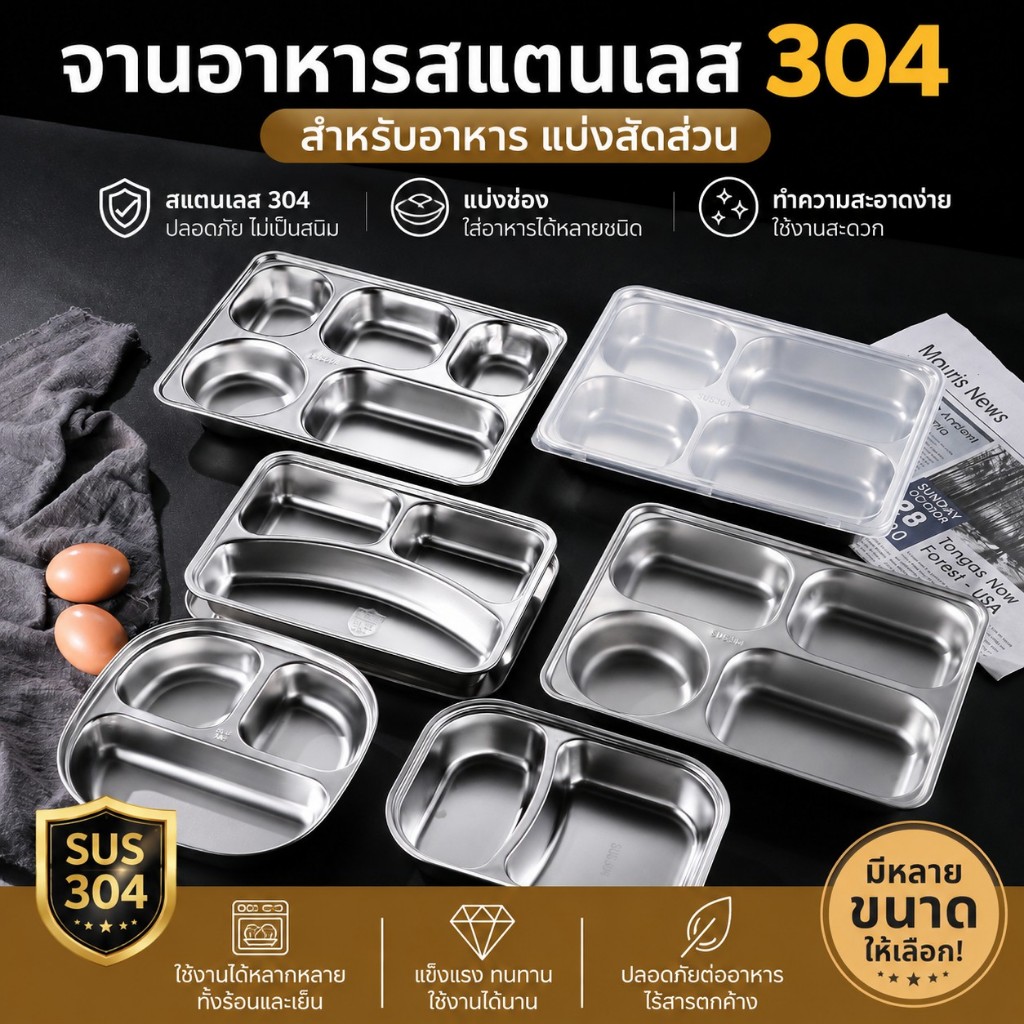 ❤Sinai ❤ถาดหลุมสแตนเลส มีฝาปิด กล่องข้าว ถาดหลุม 3/4/5 หลุม ใช้งานได้หลากหลาย