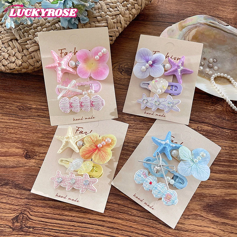 LUCKYROSE กิ๊บติดผมน่ารัก ลายดอกไม้และปลาดาว แนวทะเล หนีบข้าง เหมาะสำหรับสาวน้อย