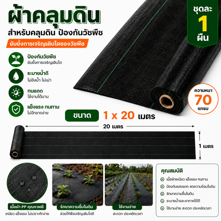 ผ้าคลุมดินกำจัดวัชพืช ผ้าคลุมดินป้องกันวัชพืช ผ้าคลุม ดิน กําจัด วัชพืช หนา 70 แกรม Ground cover fabric for weed contro