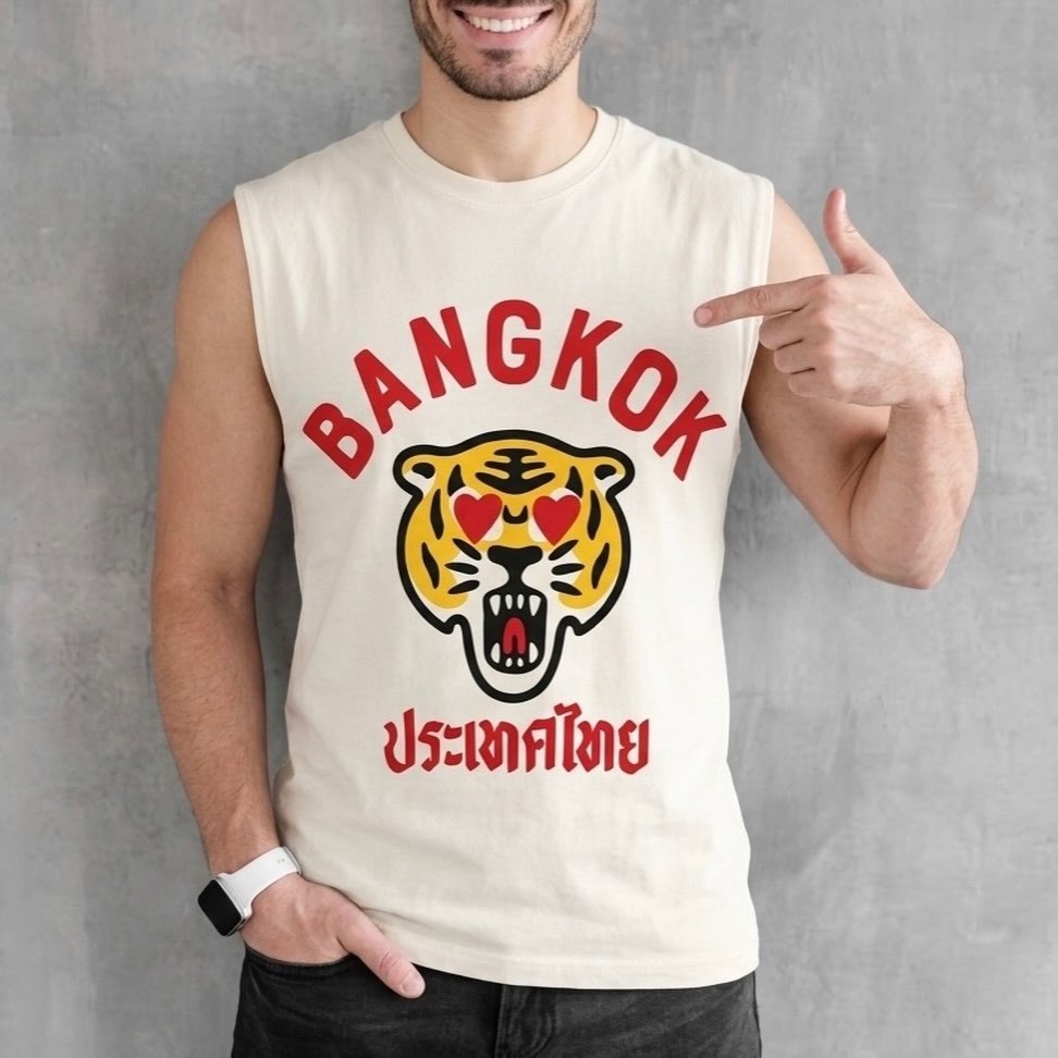 BANGKOK เสื้อกั๊กแขนกุด ลายเสือไทยสไตล์สตรีท ผ้าฝ้าย100% คอกลม ใส่ได้ทั้งชายหญิง ขนาดS-3XL