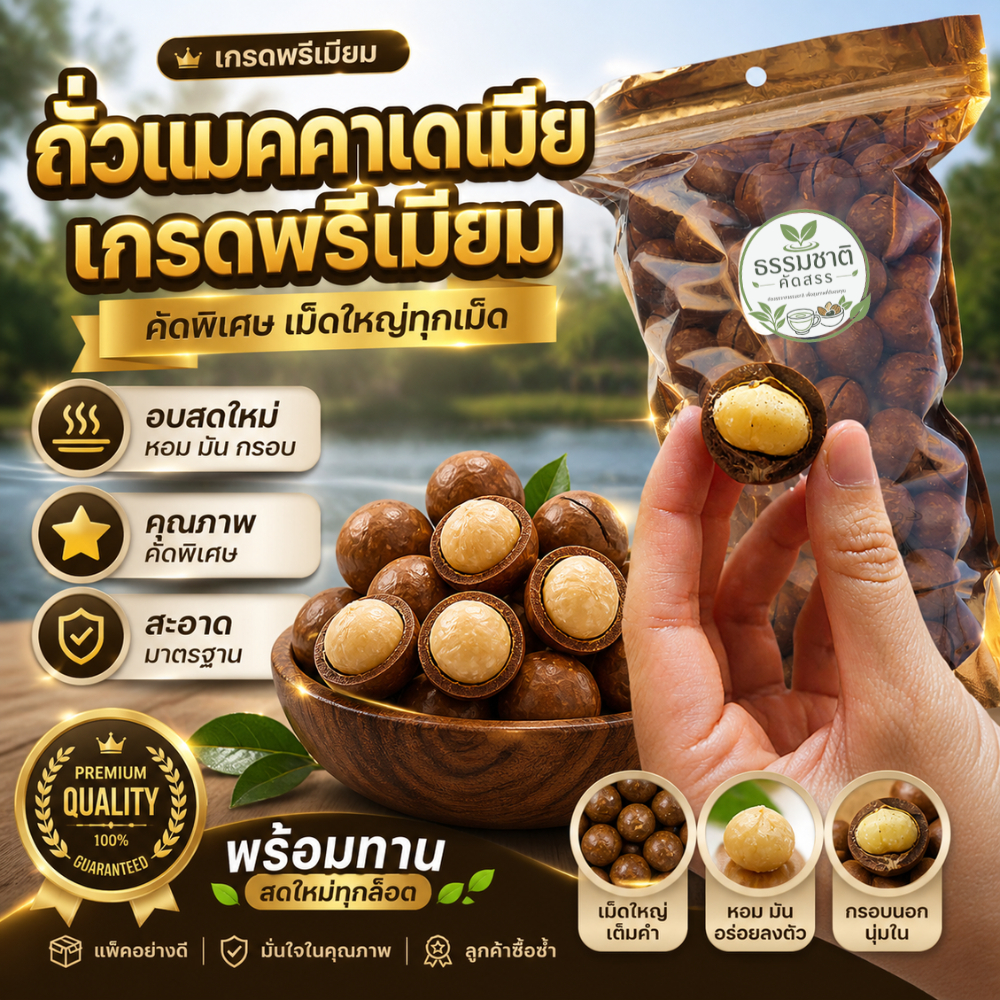 แมคคาเดเมียอบเนย/ธรรมชาติ เม็ดใหญ่ คัดเกรด แถมที่แกะ