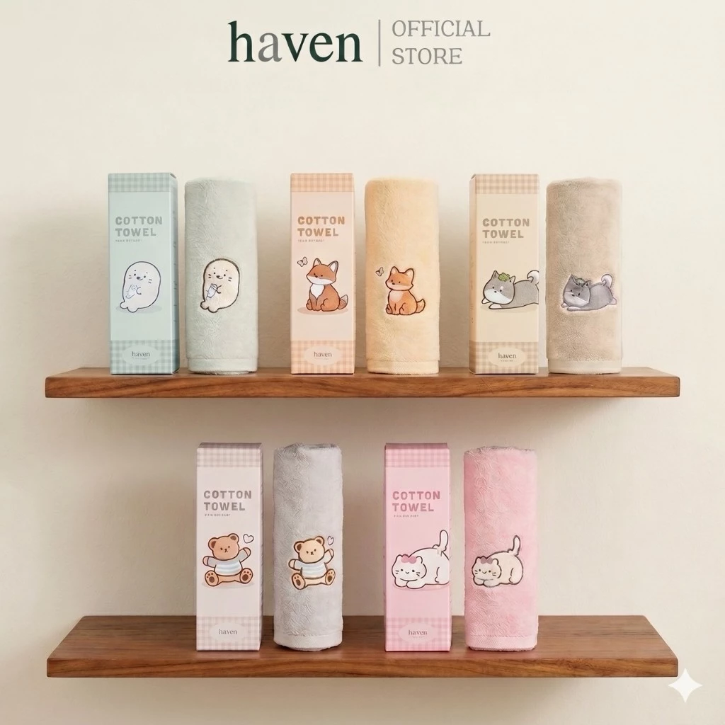 HAVEN ผ้าขนหนูเช็ดตัวพร้อมกล่องของขวัญ 27x52 นิ้ว Cotton 100% Animal Collection ซับน้ำดี นุ่มพิเศษ