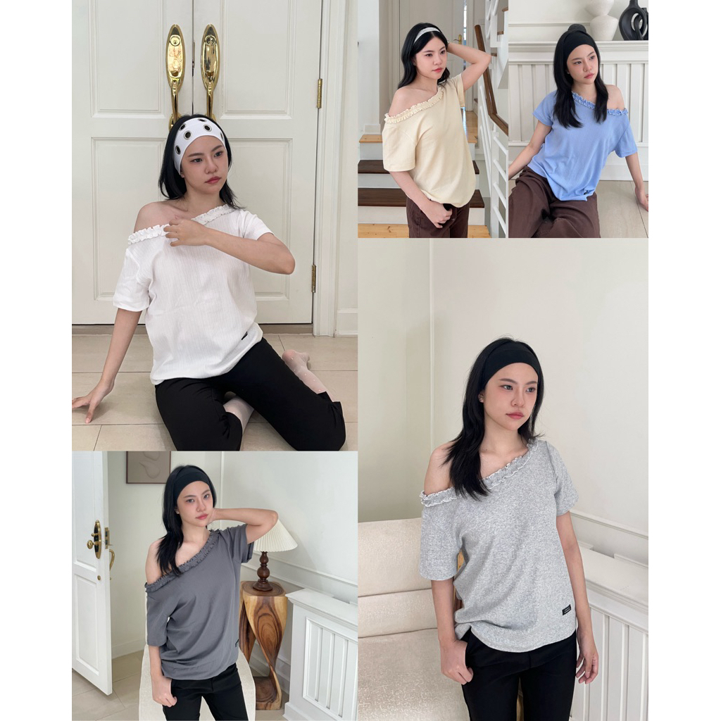 (อก28-40“🫯)HASU88 Ruffle shoulder off เสื้อแขนสั้นปาดไหล่ผ้าฉลุ (happysummer.bkk)