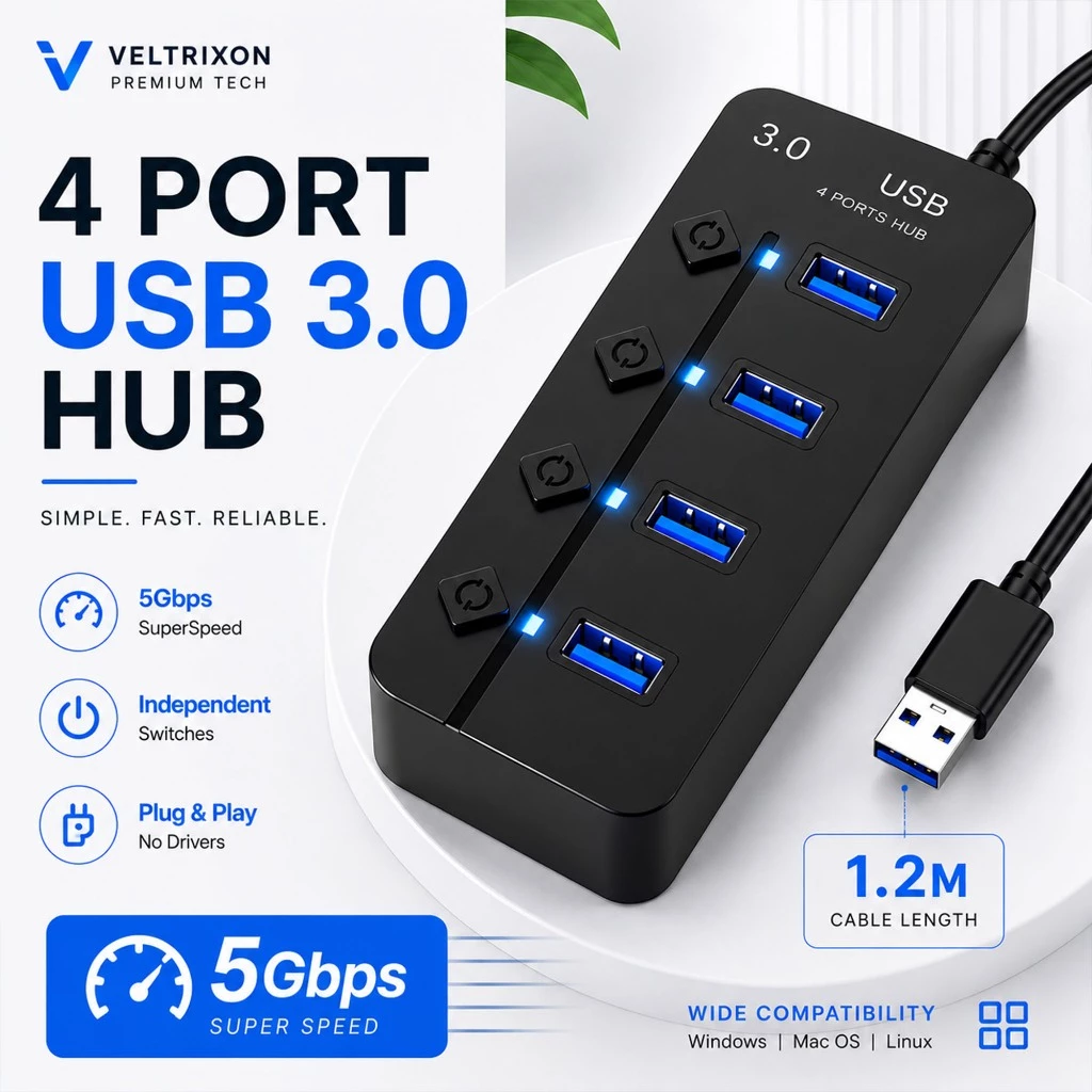 USB Hub 3.0 4 Ports พร้อมสวิตช์แยก สายยาว 1.2m ความเร็วสูง 5Gbps สำหรับ Laptop PC