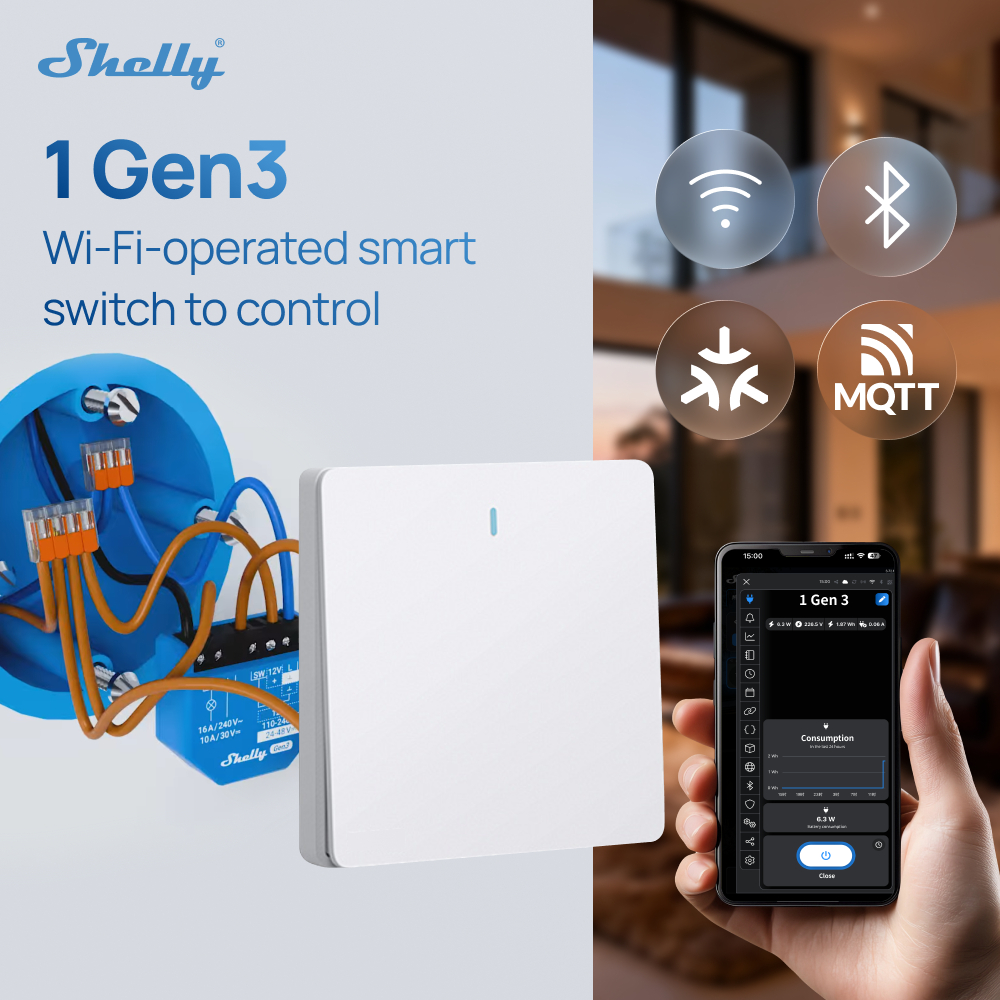 Shelly 1 Gen3 WiFi รีเลย์สวิตช์อัจฉริยะ แบบ Dry Contact ไม่ต้องใช้ฮับ รองรับ Alexa และ Google Home