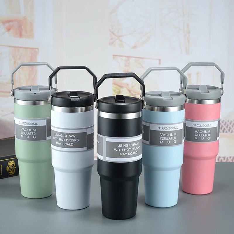 ถ้วยเก็บความร้อน สแตนเลสแท้ 304 พร้อมหูจับและหลอด 890ml เก็บเย็น-ร้อนได้นาน มีให้เลือกหลากหลายสี