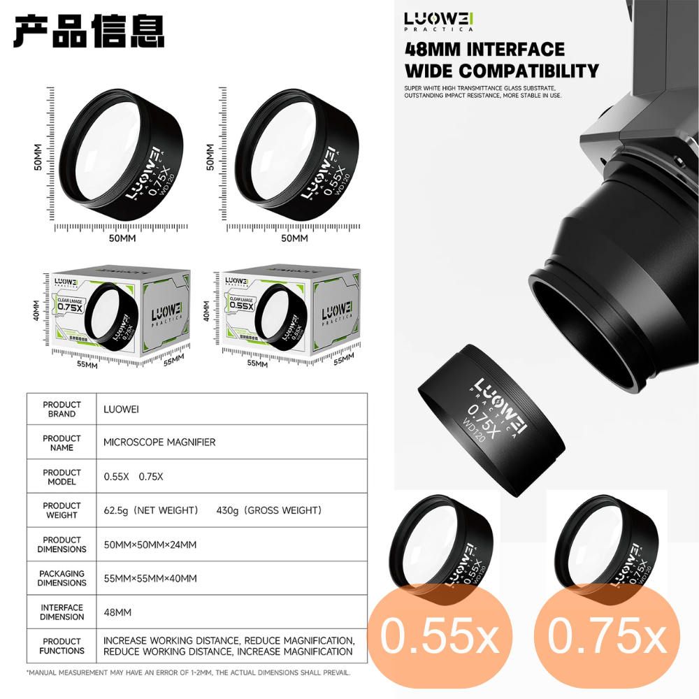 LUOWEI เลนส์เสริมกล้องไมโครสโคป 0.55X / 0.75X เลนส์ขยายสำหรับกล้องจุลทรรศน์ (Interface 48mm)