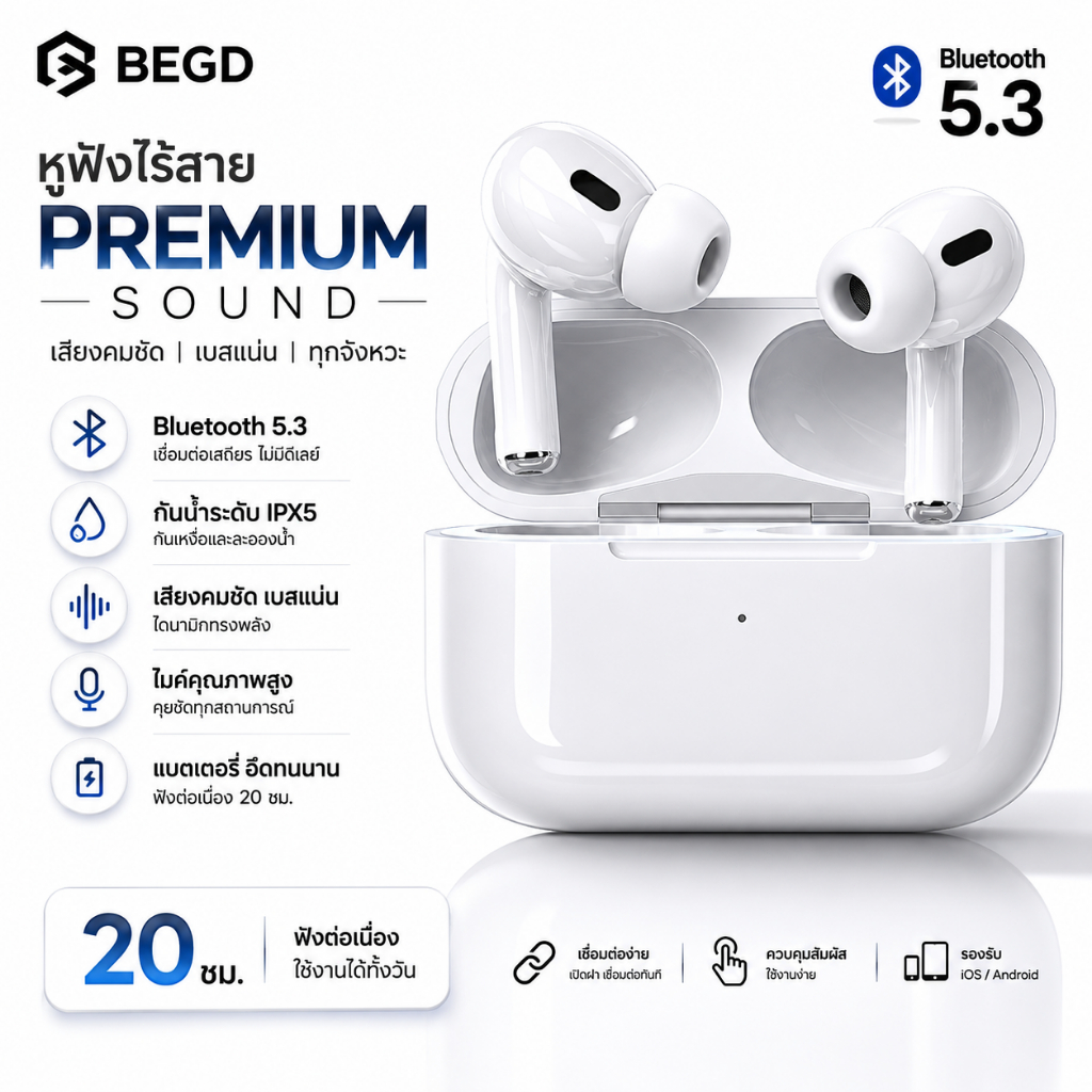 BEGD (รับประกัน 1 ปี+ของแถม)5.3 TWS R6 หูฟังไร้สายระดับพรีเมียมพร้อมไมโครโฟนหูฟังบลูทูธ ไมโครโฟนในตัวหูฟังควบคุมแบบสัมผั