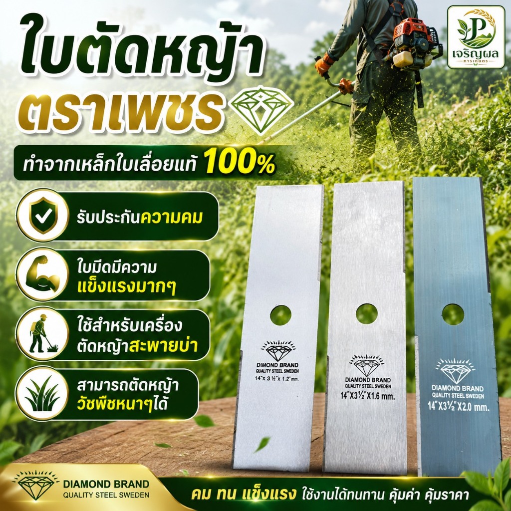 ใบตัดหญ้า ใบมีดตัดหญ้า ตราเพชรของแท้ ยาว 12" / 14" / 16" / 18" หนา 2.0 มม.