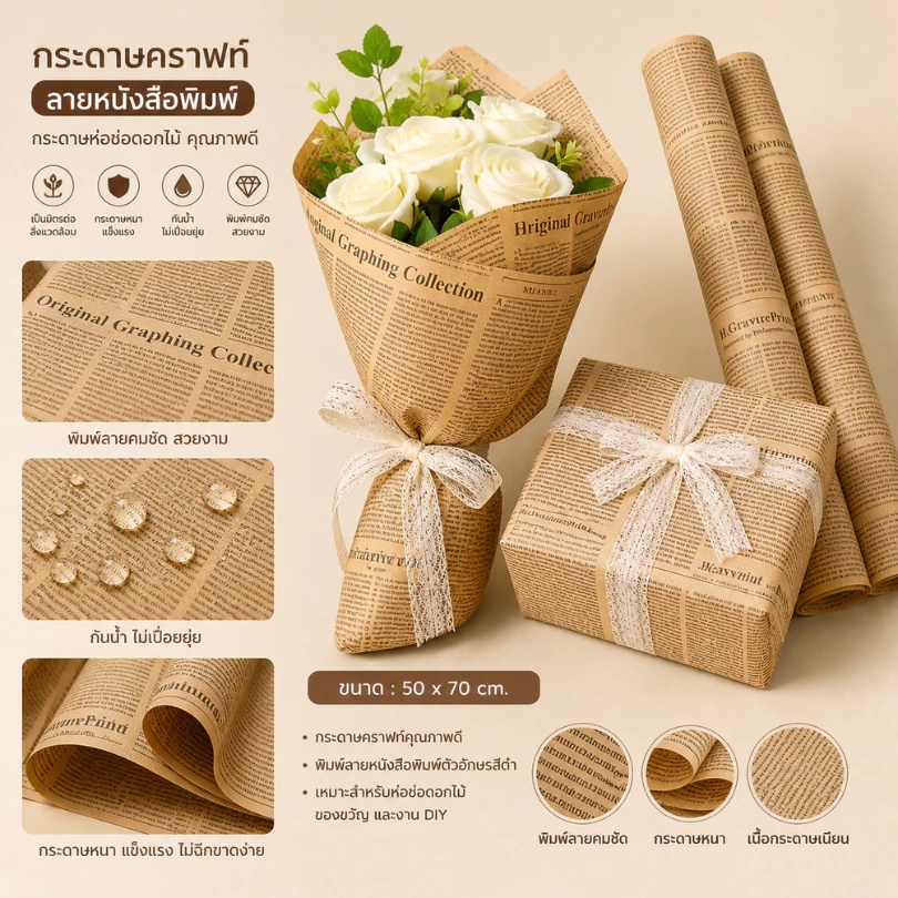 10แผ่น (พร้อมส่ง) กระดาษคลาฟท์ห่อช่อดอกไม้และห่อของขวัญลายหนังสือพิมพ์ กระดาษเนื้อแข็ง อุปกรณ์DIY ขนาด 52ซม.*75ซม.