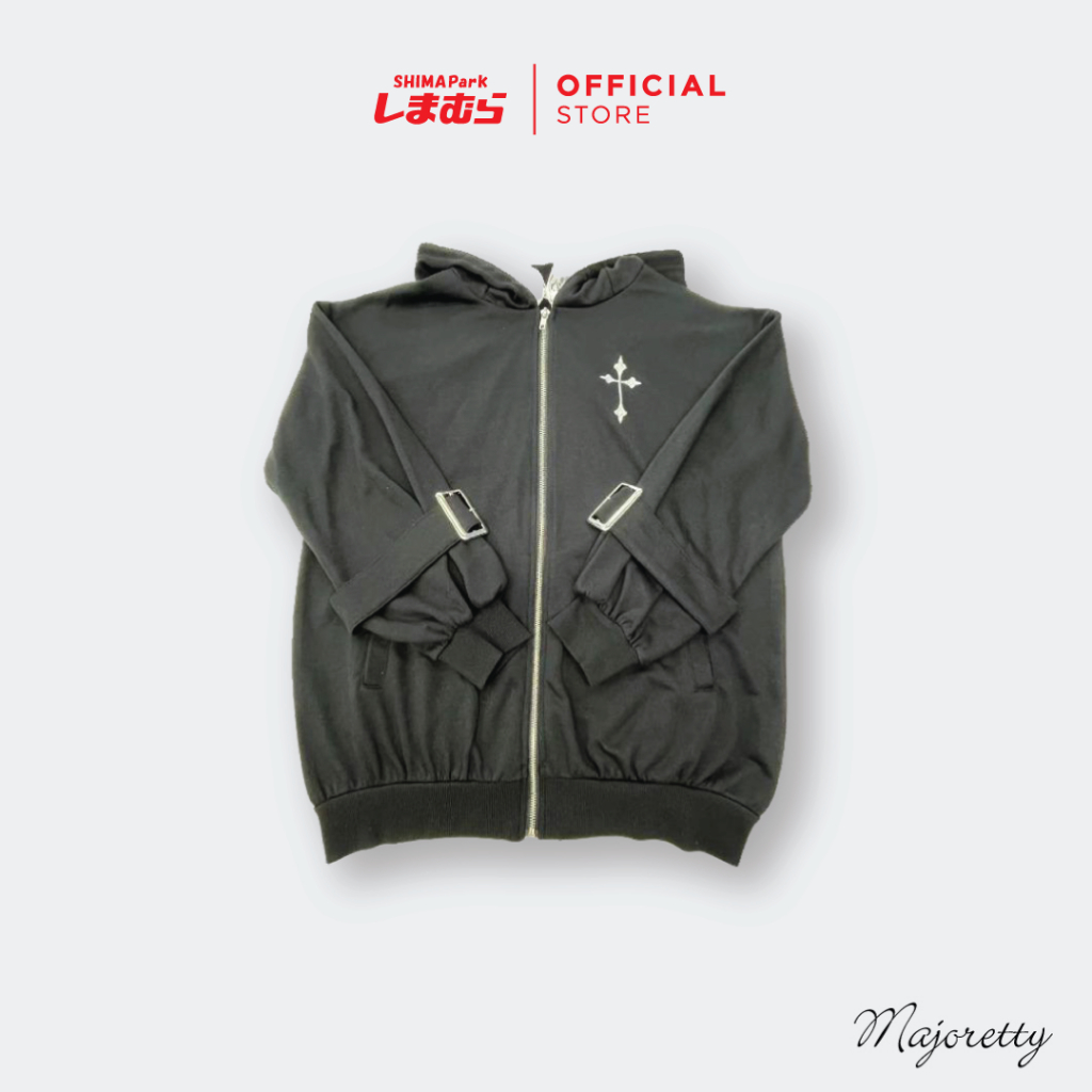 Majoretty - เสื้อฮู้ดซิปหน้าลายไม้กางเขนสุดเท่ พร้อมฮู้ดลูกไม้สายดาร์กคิวท์