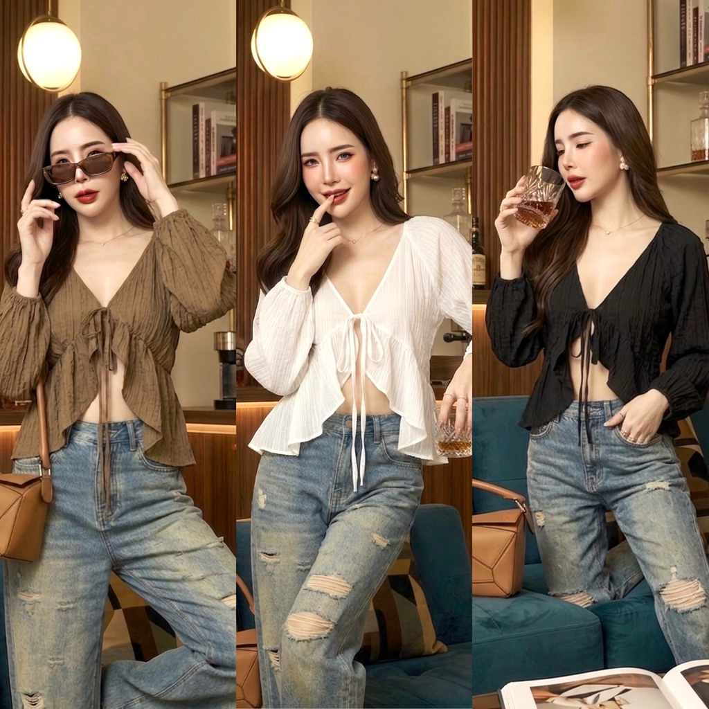 [พร้อมส่ง] Sora Blouse เสื้อซีทรูพริ้วเบา ดีไซด์ระบายรอบตัว ชุดไปคาเฟ่ ชุดไปทะเล by Lamoon apparel