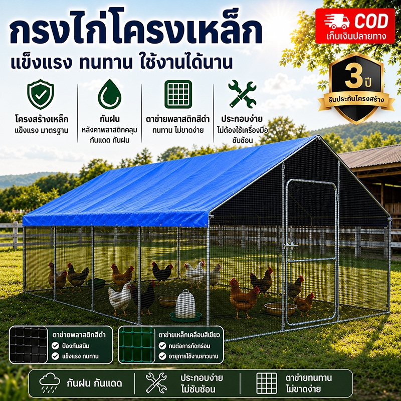 โรงเรือนไก่คุณภาพสูงกันฝนและระบายอากาศได้ดี ช่วยให้ไก่เติบโตแข็งแรงในสภาพแวดล้อมที่ดี
