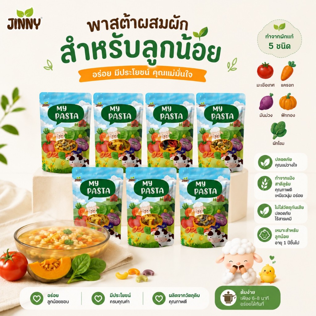Jinny พาสต้าผสมผัก สำหรับเด็ก(มีแป้งสาลี)