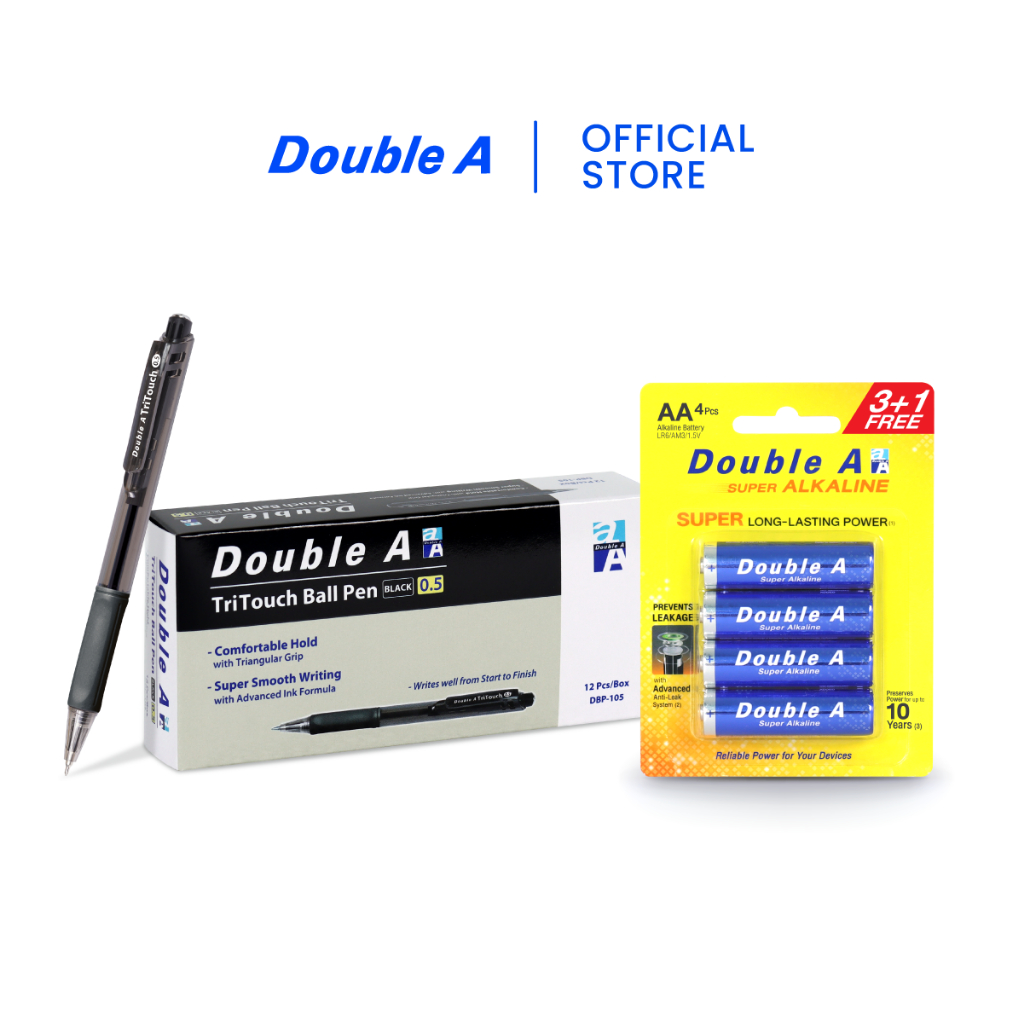[เซตคู่] Double A TriTouch ปากกาลูกลื่นแบบกด 0.5 มม. หมึกดำ จำหน่าย 12 ด้าม คู่ ถ่านอัลคาไลน์ 3+1 AA 1 แพ็ก