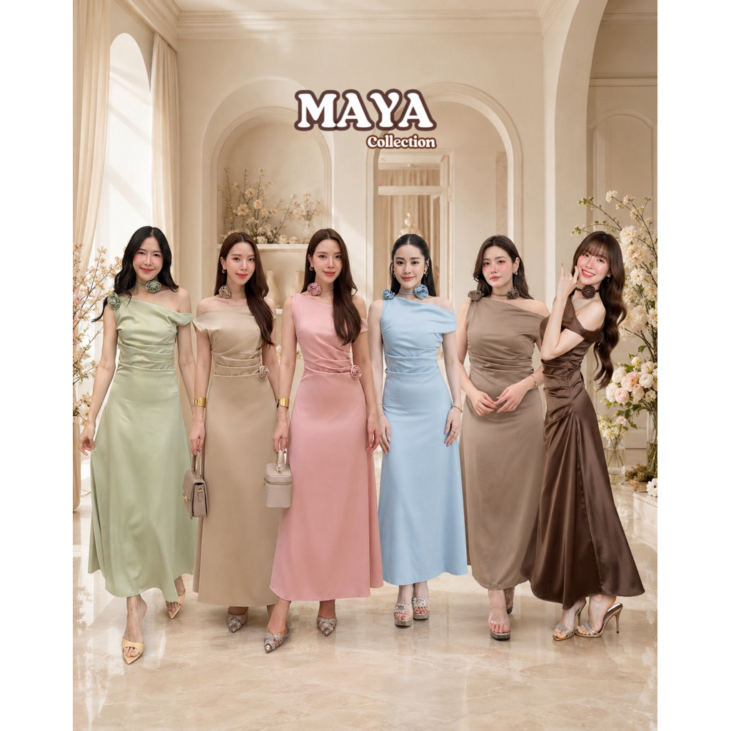 G135 สีน้ำตาลไหม้ มาใหม่ ชุดเดรสปาดไหล่ออกงาน ชุดเพื่อนเจ้าสาว s-2xl สะโพกฟรี มีดอกไม้ผูกให้