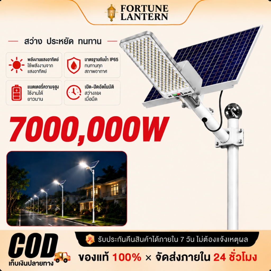 ซื้อ 1 ได้ 2 ไฟโซล่าเซลล์ 7000,000W ไฟถนนโซล่าเซลล์ IP68 กันน้ำและกันฟ้าผ่ Solar Light สว่างขึ้นโดยอัตโนมัตตอนกลางคืน